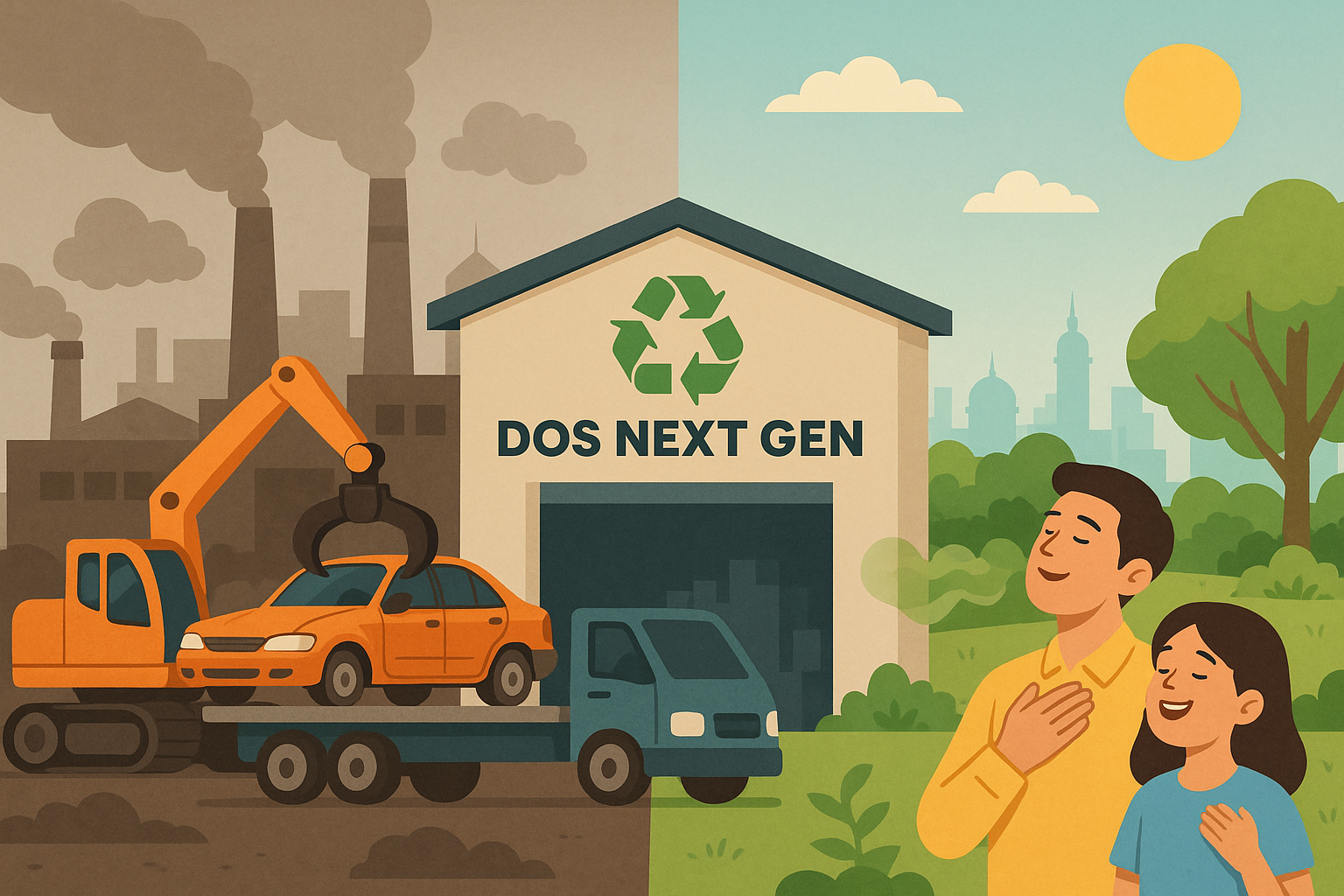 A divided scene: left shows a smoggy, industrial area with an old car being scrapped at the DOS Scrapping facility; right shows a clean, green cityscape with a family enjoying fresh air—visualizing the transition from pollution to progress.