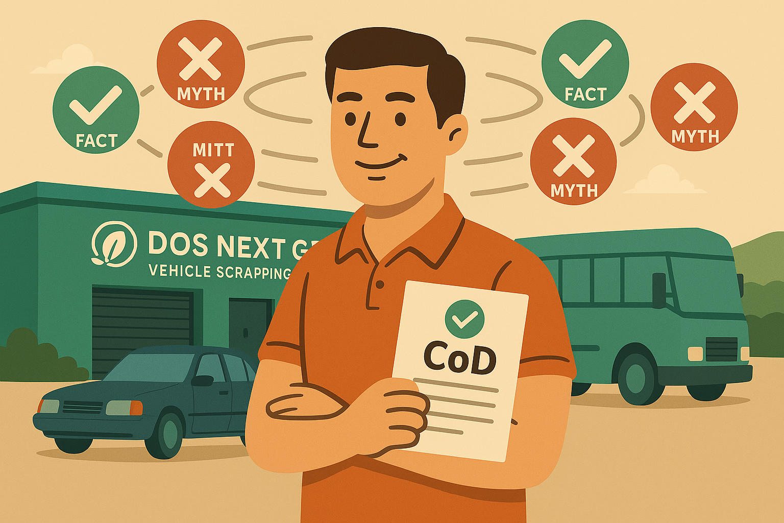 Illustration of a happy owner holding a Certificate of Deposit outside the DOS NEXT GEN scrapping facility with myth and fact icons floating above, symbolizing busted misconceptions and verified benefits.
