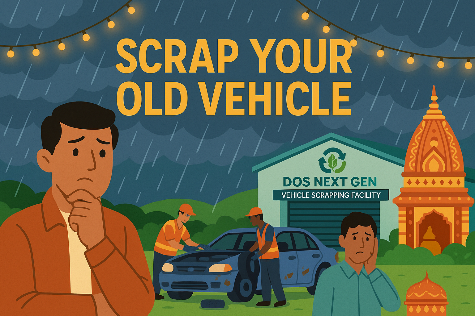seasonal cover image set during the monsoon festivities: strings of lights, rain-dappled sky, temple architecture, Dos Next Gen facility, and two concerned vehicle owners with workers dismantling their old car.