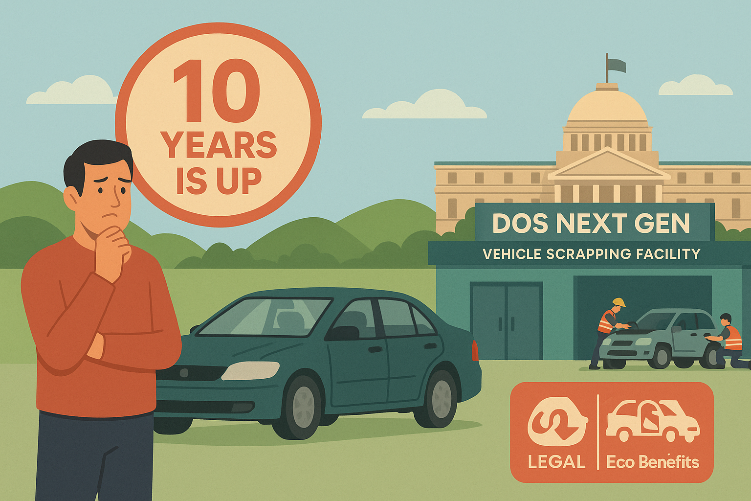Here's a new, uncropped cover illustration: a concerned owner next to his 10-year-old diesel car, the "10 YEARS IS UP" badge overhead, and DOS Next Gen’s facility with workers dismantling a vehicle against a backdrop of rolling hills and a government building. Let me know if you'd like any tweaks!