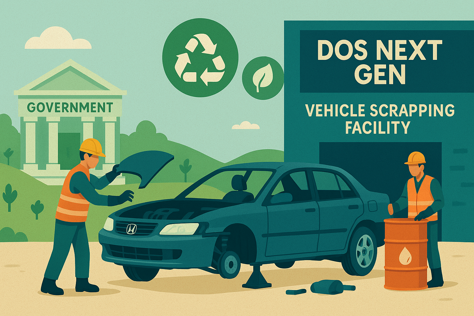 Wide-format flat-style illustration of a Dos Next Gen vehicle scrapping facility: a worker removes parts from a blue Honda sedan, while another handles an oil drum beside the teal Dos Next Gen building marked “Vehicle Scrapping Facility” with recycling and leaf icons; rolling green hills and a government building appear under a clear sky in the background.