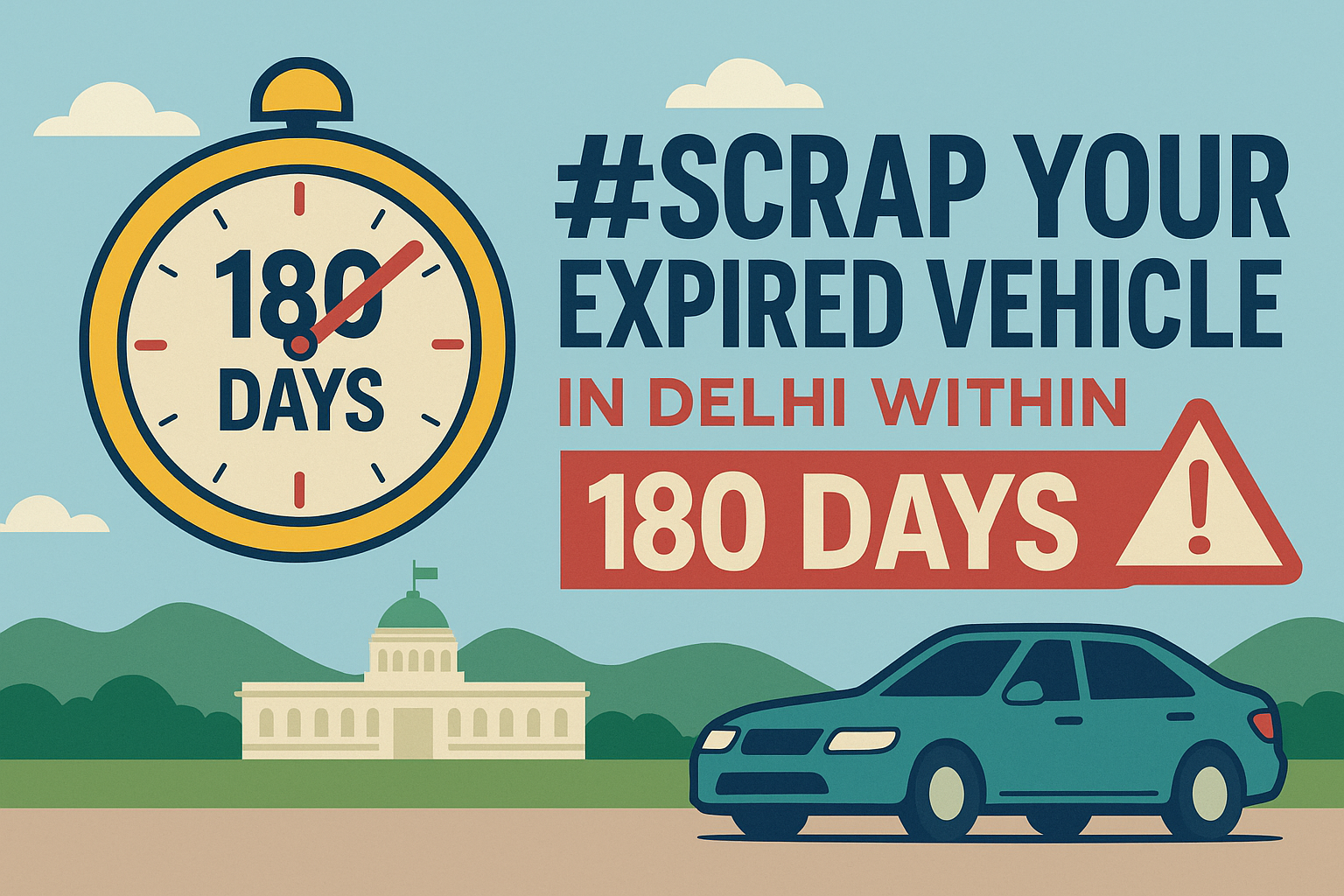 Here’s another infographic-style image with a bold #ScrapYourExpiredVehicle callout, 180-day clock, and Delhi landmark