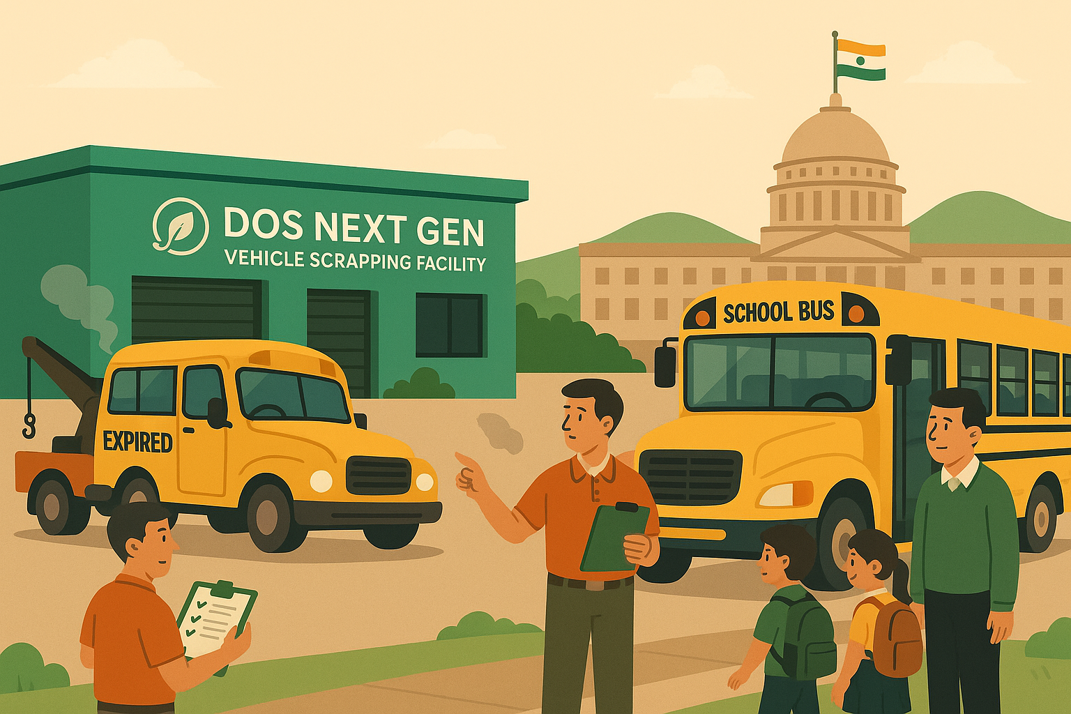 Illustration of a school bus inspection with an expired bus being evaluated, children boarding a newer bus, and the Dos Next Gen scrapping facility with a government building in the background, highlighting safety and compliance.