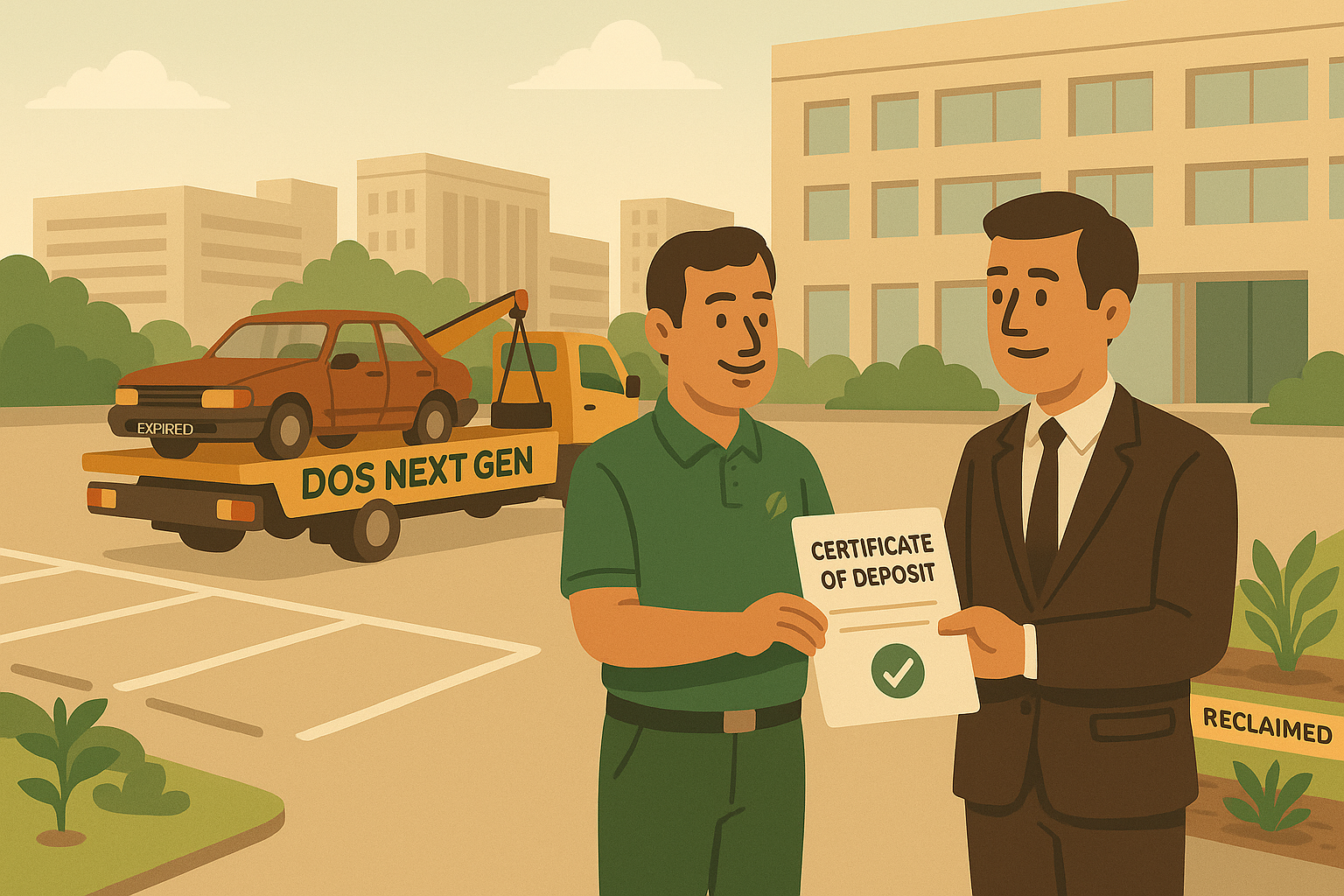 DOS Next Gen representative handing over a Certificate of Deposit to a corporate manager in a cleared office parking lot as an expired vehicle is towed away, symbolizing compliance and space reclamation.